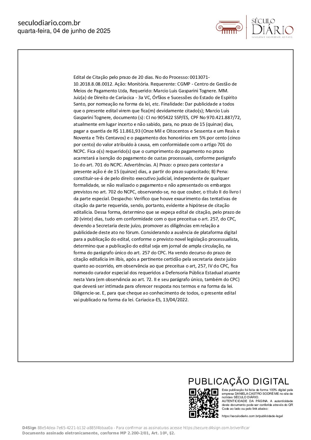 EDITAL DE CITAÇÃO – Processo 0013071-10.2018.8.08.0012