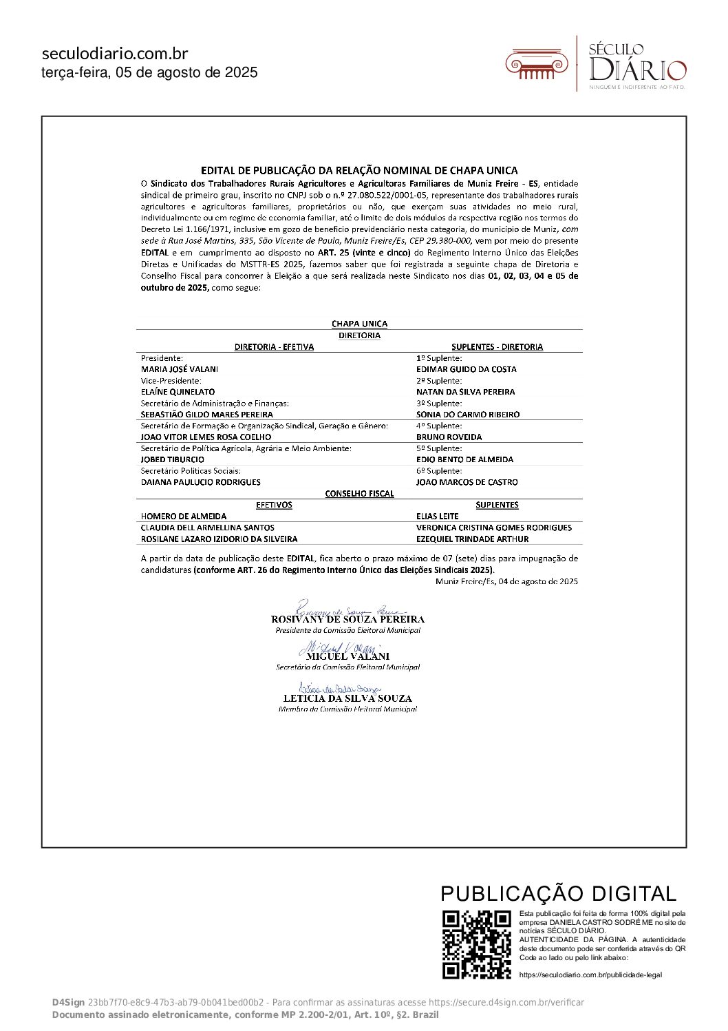 EDITAL DE PUBLICAÇÃO DE RELAÇÃO NOMINAL DE CHAPA ÚNICA