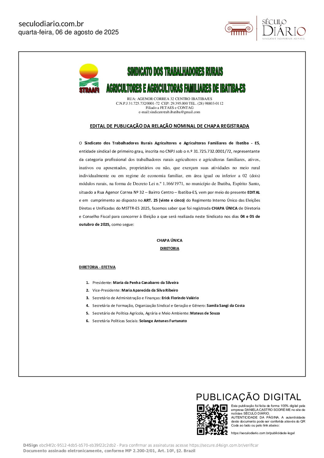EDITAL DE PUBLICAÇÃO DE CHAPA REGISTRADA