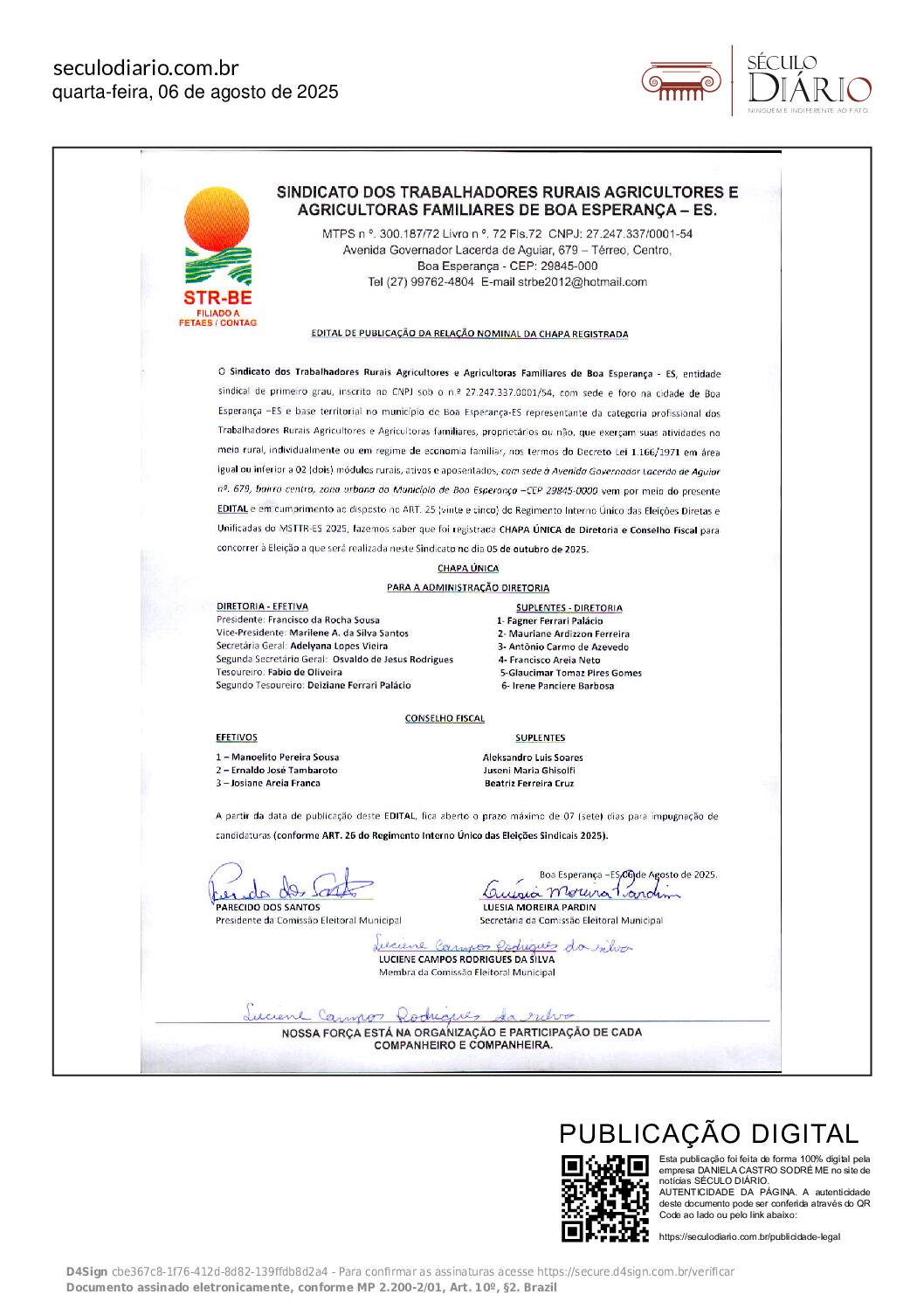 EDITAL DE PUBLICAÇÃO DA RELAÇÃO NOMINAL DA CHAPA REGISTRADA