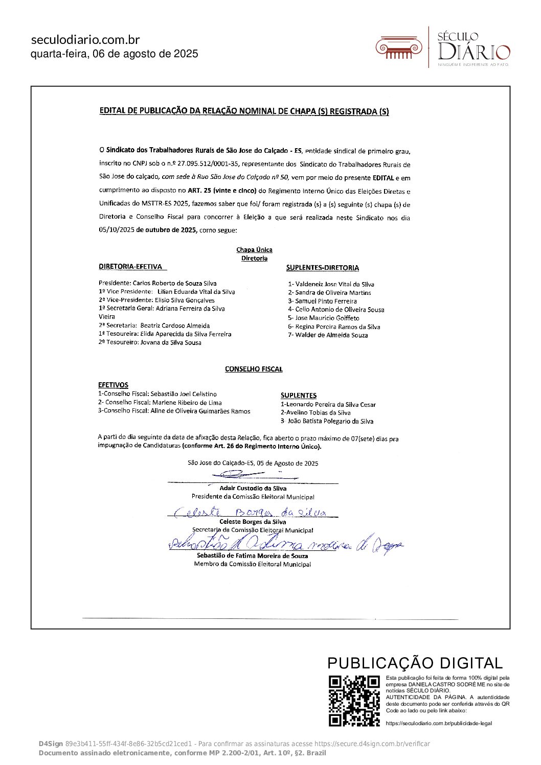 EDITAL DE PUBLICAÇÃO DA RELAÇÃO NOMINAL DE CHAPA (S) REGISTRADA (S)