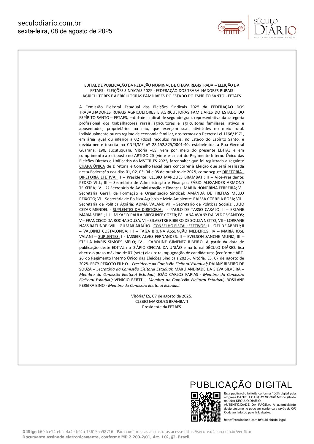 EDITAL DE PUBLICAÇÃO DE RELAÇÃO NOMINAL DE CHAPA REGISTRADA