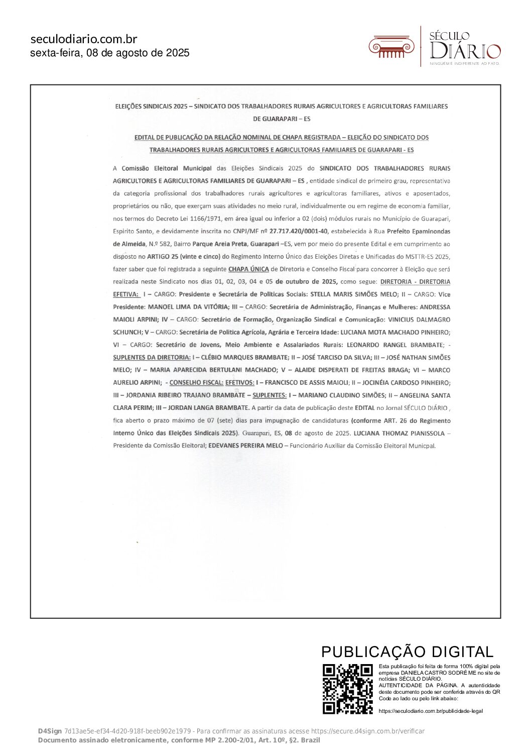 EDITAL DE PUBLICAÇÃO DA RELAÇÃO NOMINAL DE CHAPA REGISTRADA