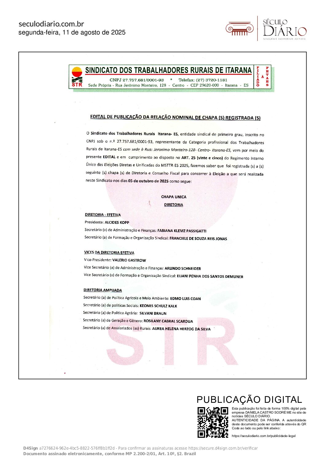 EDITAL DE PUBLICAÇÃO DA RELAÇÃO NOMINAL DE CHAPA (S) REGISTRADA (S)