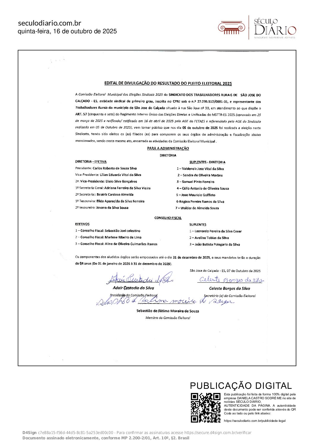 EDITAL DE DIVULGAÇÃO DO RESULTADO DO PLEITO ELEITORAL 2025