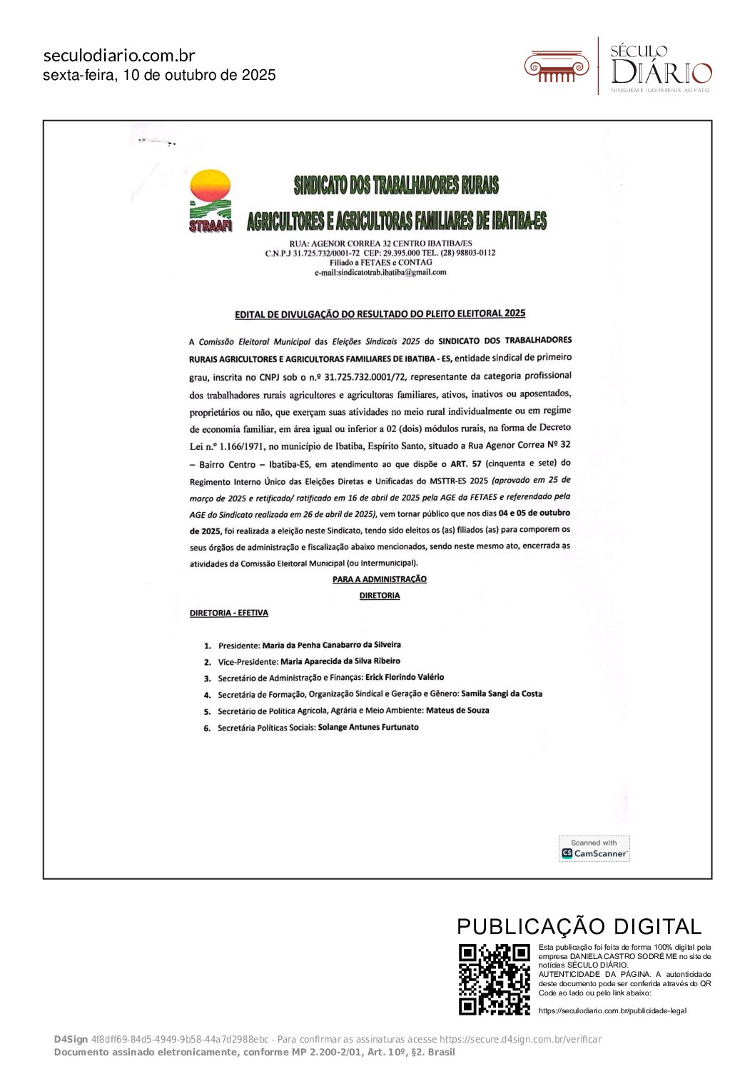 EDITAL DE DIVULGAÇÃO RESULTADO ELEITORAL 2025