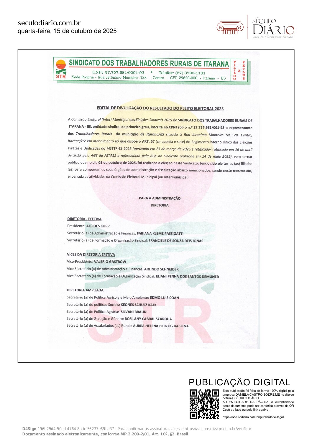 EDITAL DE DIVULGAÇÃO DO RESULTADO DO PLEITO ELEITORAL 2025