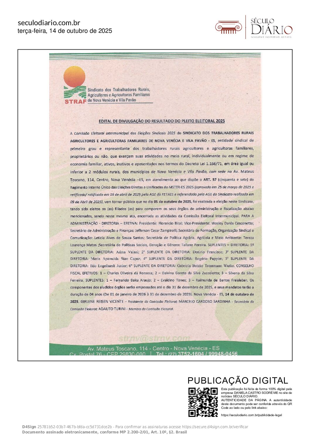EDITAL DE DIVULGAÇÃO DO RESULTADO DO PLEITO ELEITORAL 2025