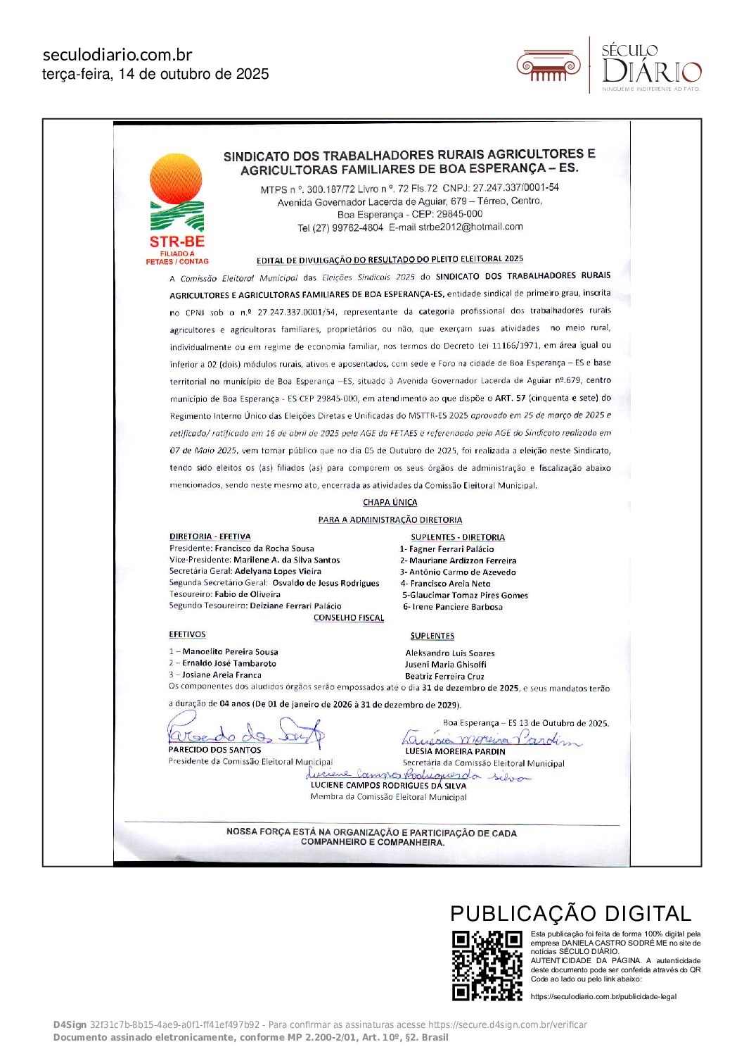 EDITAL DE DIVULGAÇÃO DO RESULTADO DO PLEITO ELEITORAL 2025