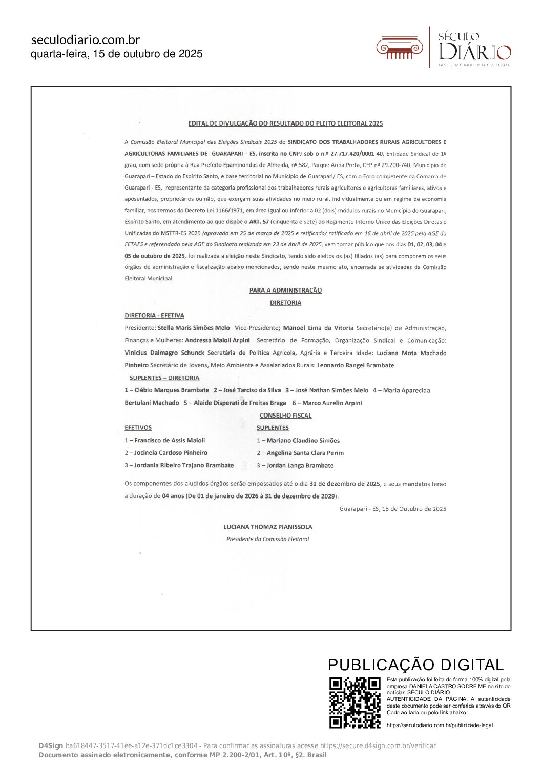 EDITAL DE DIVULGAÇÃO DO RESULTADO DO PLEITO ELEITORAL 2025