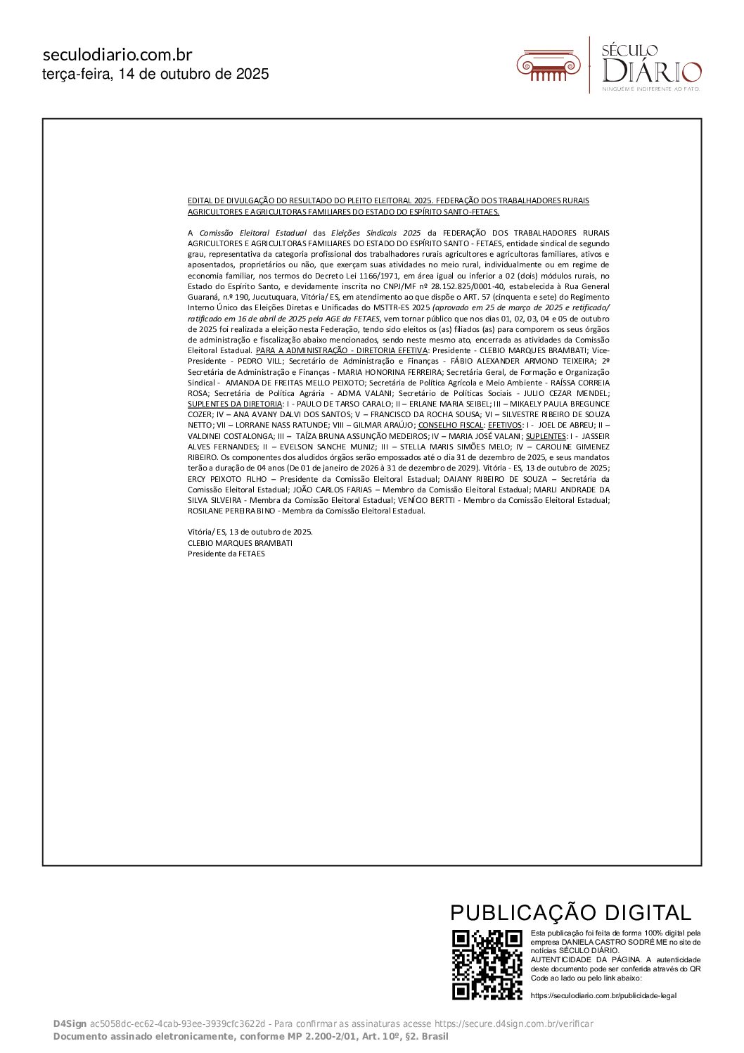 EDITAL DE DIVULGAÇÃO DO RESULTADO DO PLEITO ELEITORAL 2025