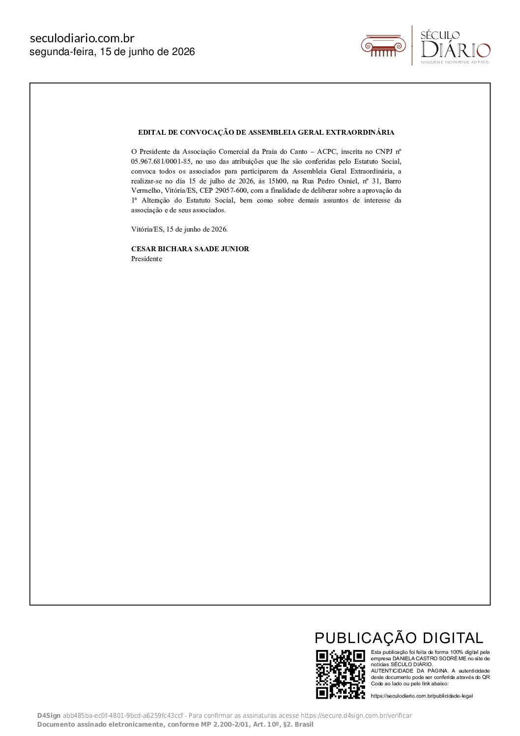 EDITAL DE CONVOCAÇÃO DE ASSEMBLEIA GERAL EXTRAORDINÁRIA
