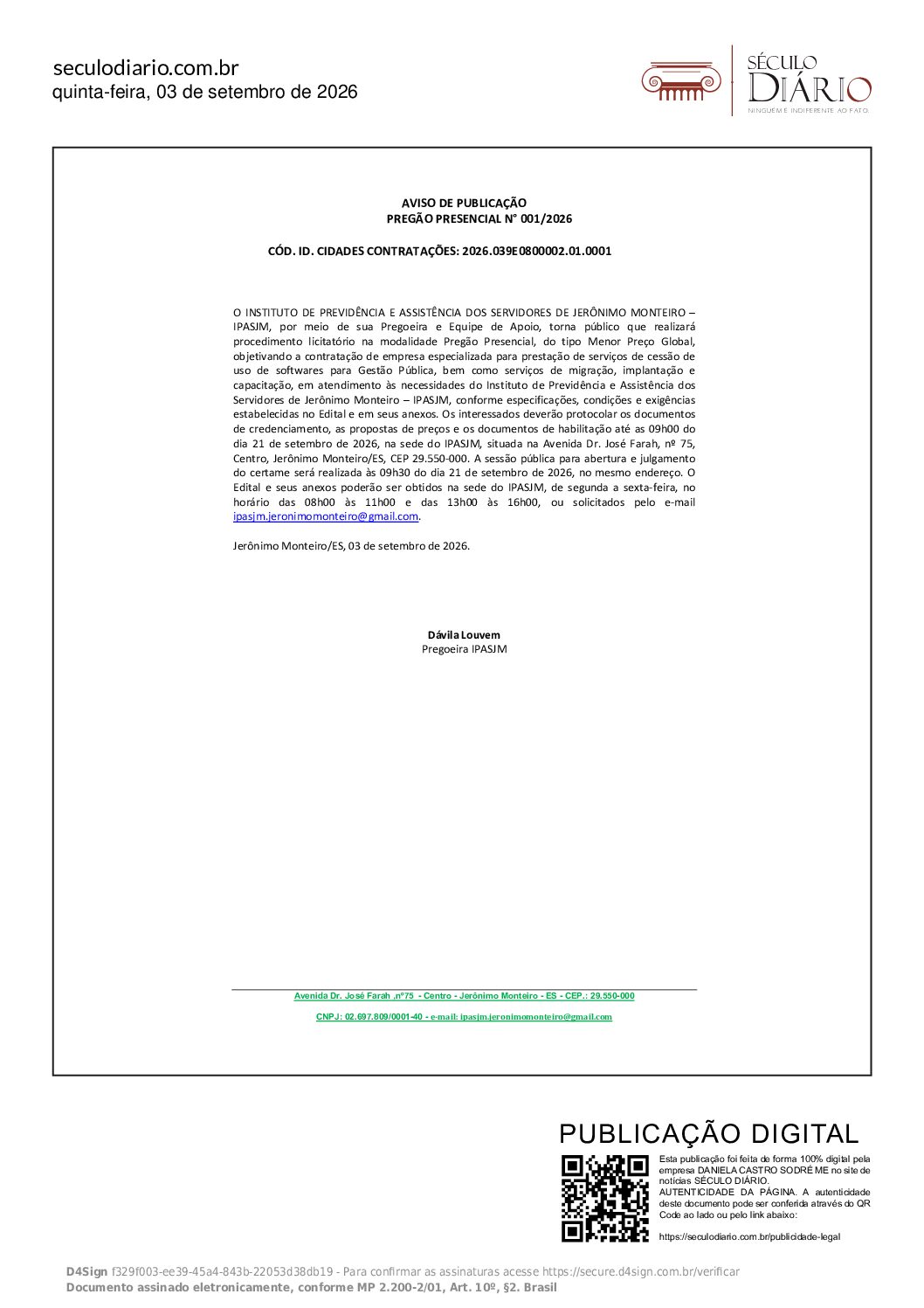 AVISO DE PUBLICAÇÃO PREGÃO PRESENCIAL N.º 001/2026
